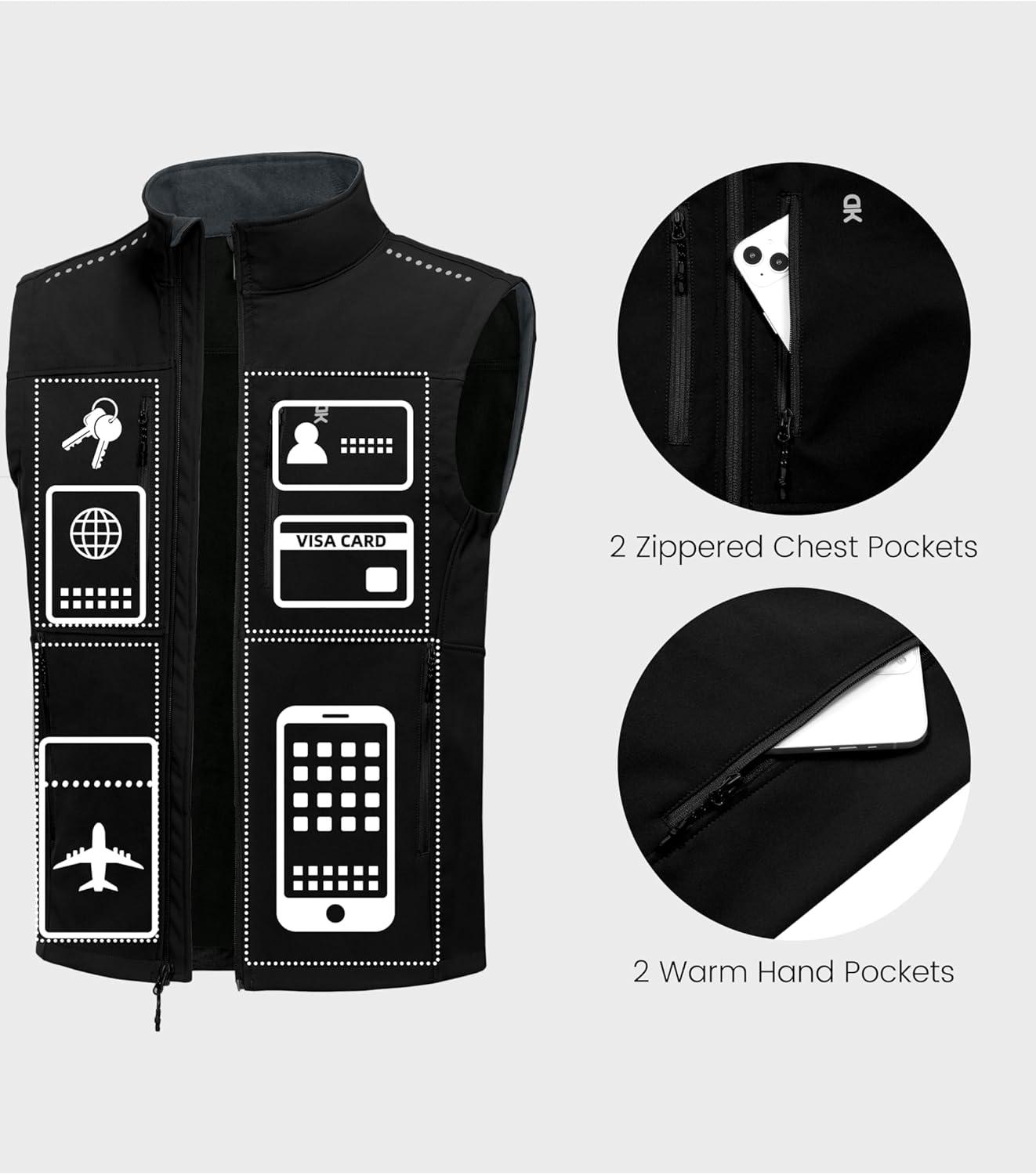 imageLittle Donkey Andy Mens Golf Vest Warm Fleece Lining Hiking Vests Zip Up Sleeveless Outerwear JacketBlack4 Pockets