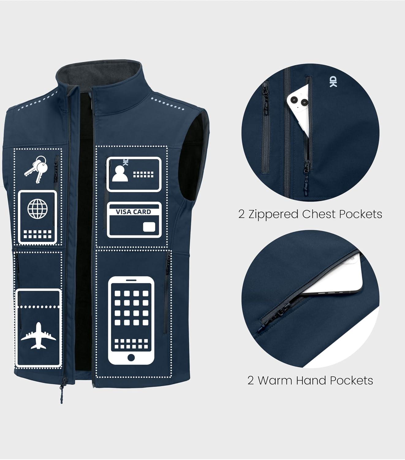imageLittle Donkey Andy Mens Golf Vest Warm Fleece Lining Hiking Vests Zip Up Sleeveless Outerwear JacketDark Blue4 Pockets