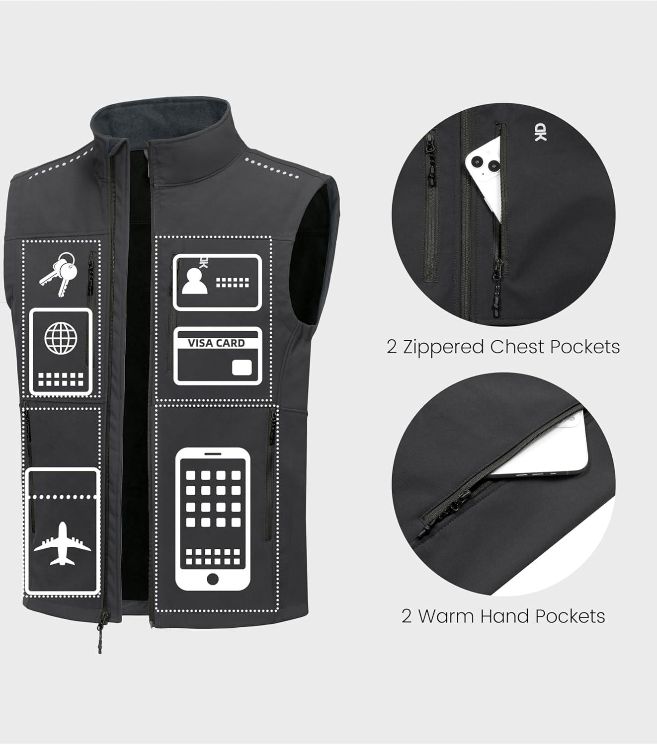 imageLittle Donkey Andy Mens Golf Vest Warm Fleece Lining Hiking Vests Zip Up Sleeveless Outerwear JacketDark Gray4 Pockets