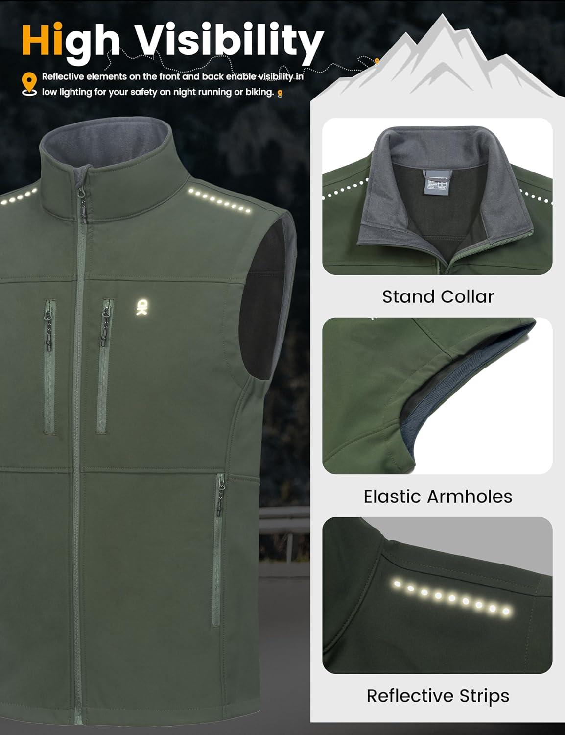 imageLittle Donkey Andy Mens Golf Vest Warm Fleece Lining Hiking Vests Zip Up Sleeveless Outerwear JacketDark Green4 Pockets