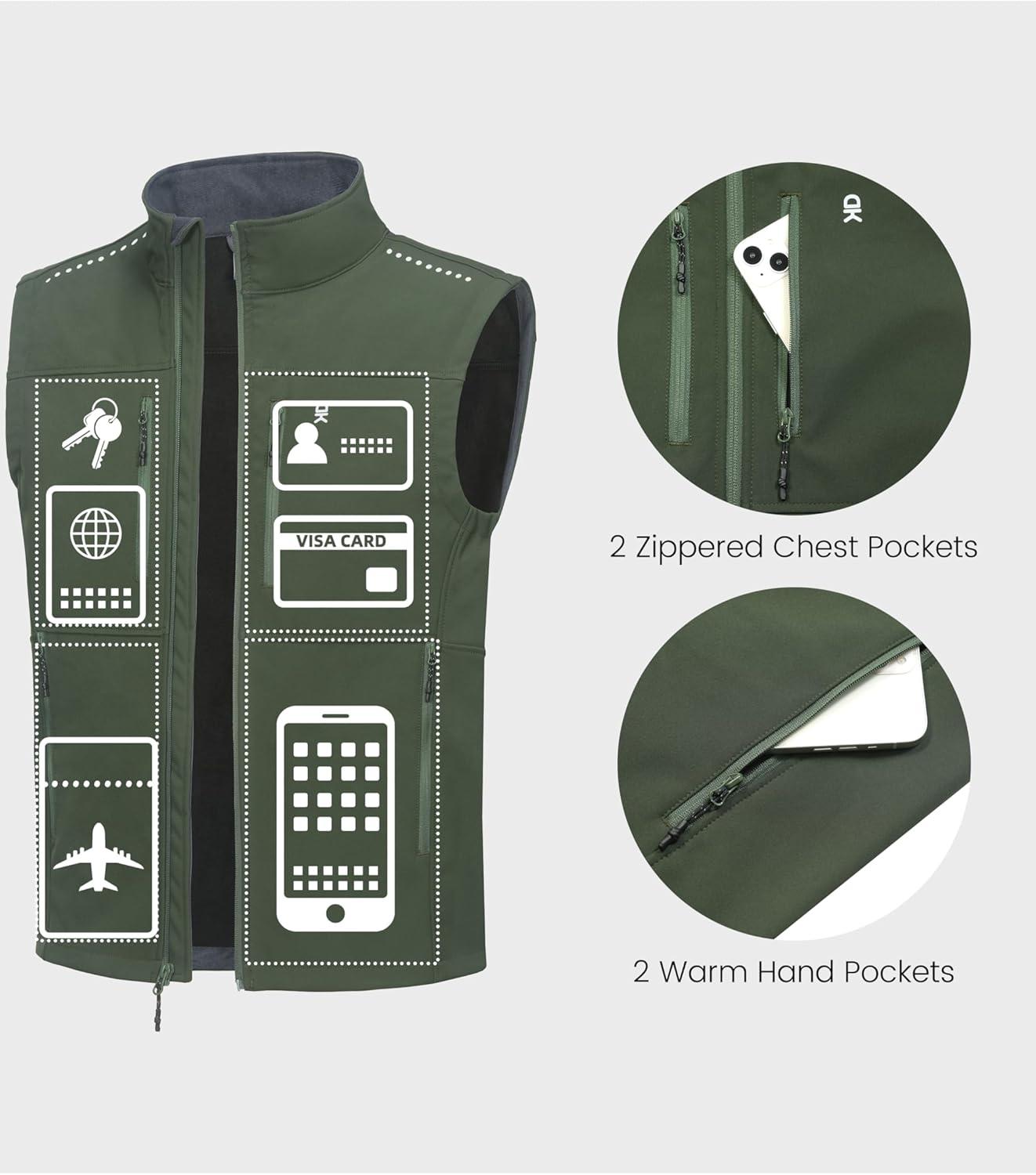 imageLittle Donkey Andy Mens Golf Vest Warm Fleece Lining Hiking Vests Zip Up Sleeveless Outerwear JacketDark Green4 Pockets