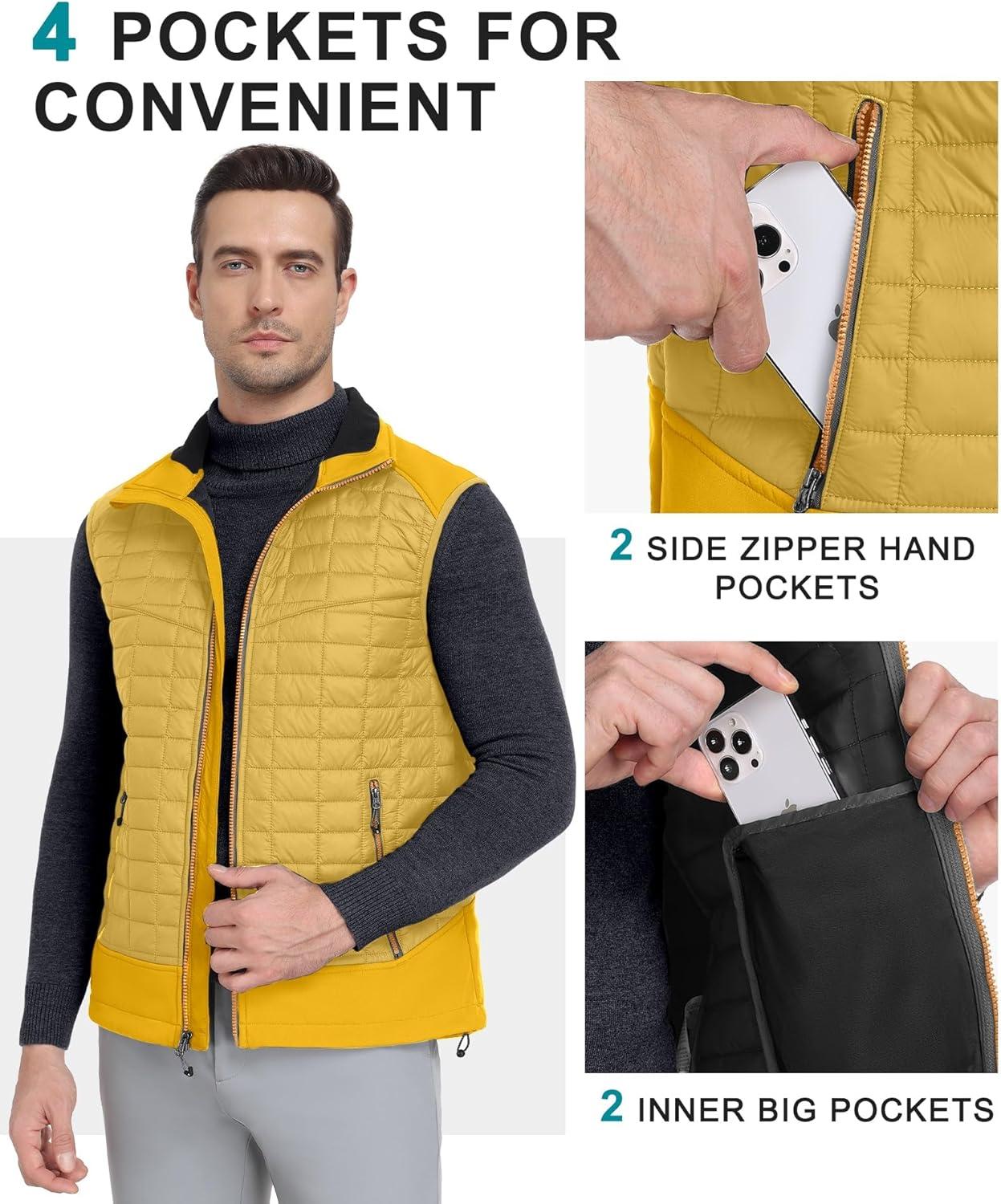 imageLittle Donkey Andy Mens Lightweight Puffer Vest Warm Outdoor Sleeveless Jacket for Golf Hiking RunningMustard Yellow