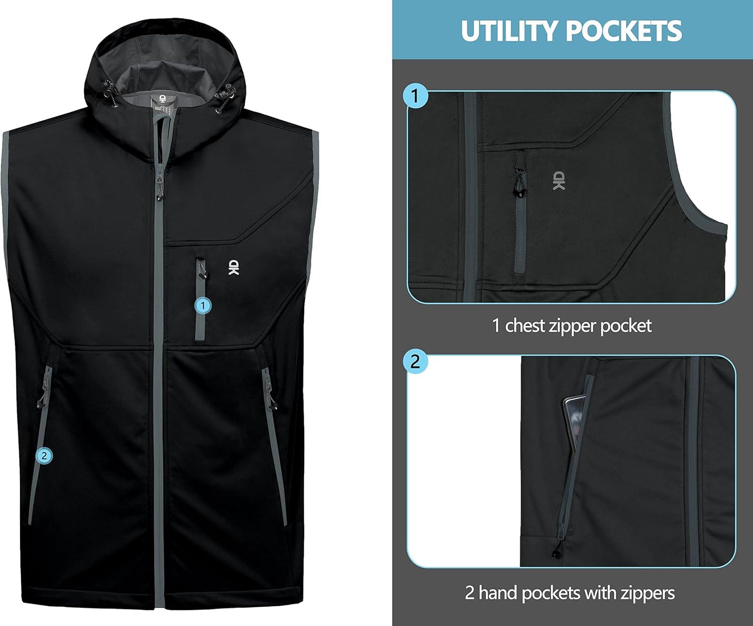 imageLittle Donkey Andy Mens Lightweight Softshell Vest Windproof Sleeveless Jacket for Travel Hiking Running GolfHooded Black
