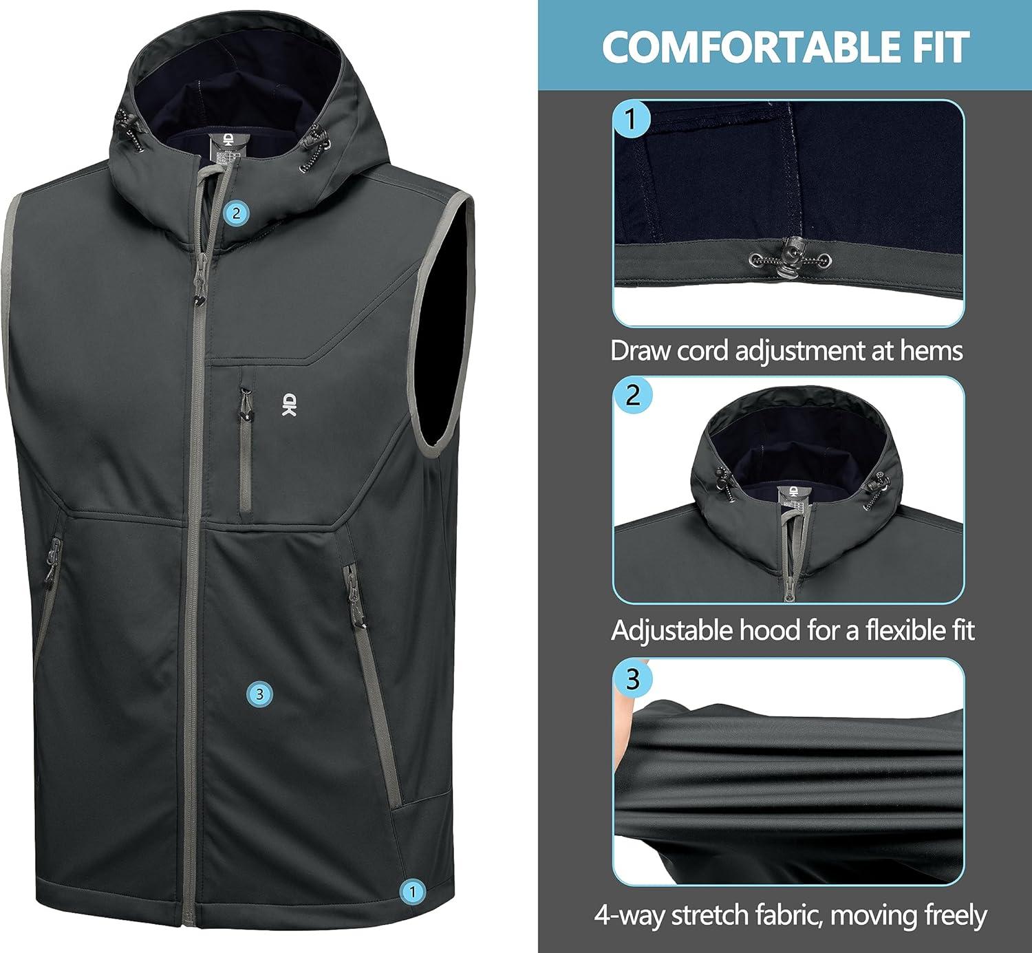 imageLittle Donkey Andy Mens Lightweight Softshell Vest Windproof Sleeveless Jacket for Travel Hiking Running GolfHooded Dark Grey
