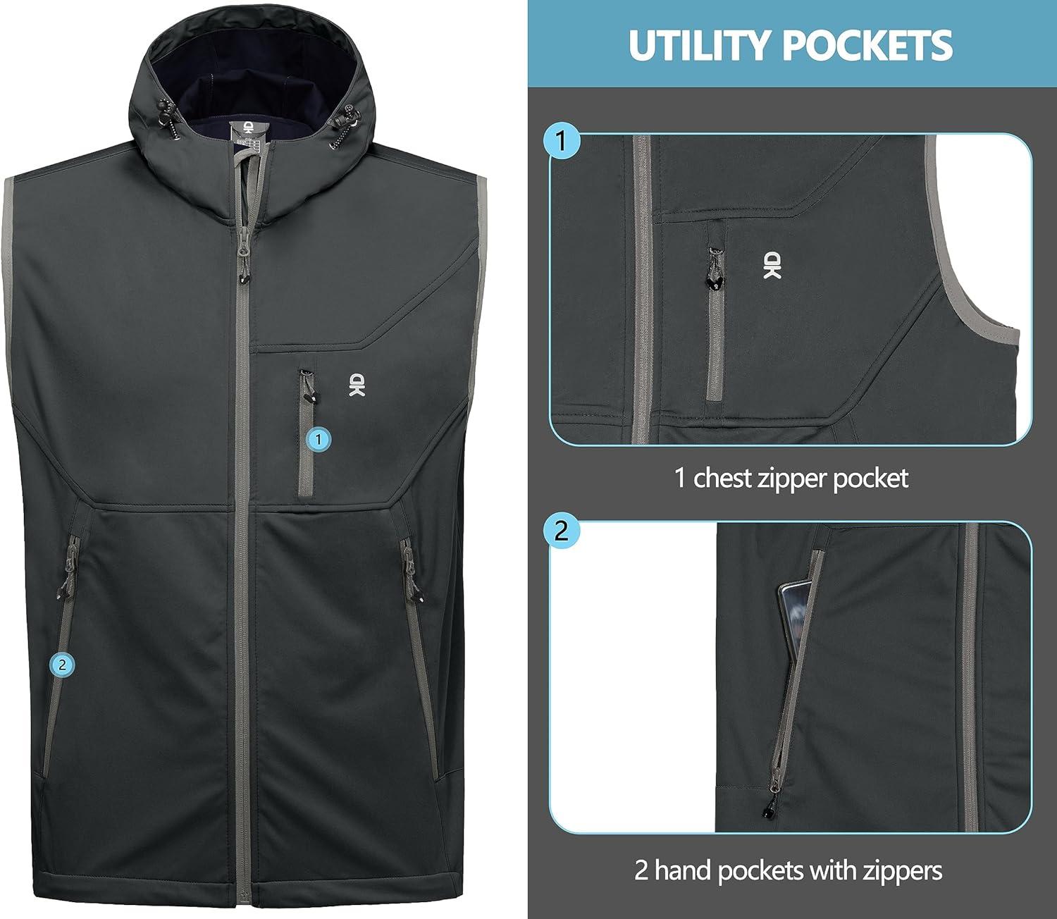 imageLittle Donkey Andy Mens Lightweight Softshell Vest Windproof Sleeveless Jacket for Travel Hiking Running GolfHooded Dark Grey