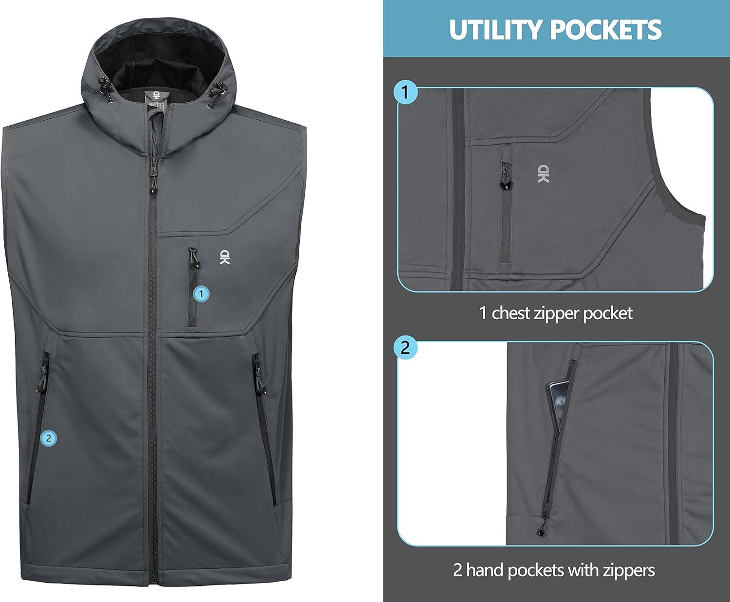 imageLittle Donkey Andy Mens Lightweight Softshell Vest Windproof Sleeveless Jacket for Travel Hiking Running GolfHooded Gray