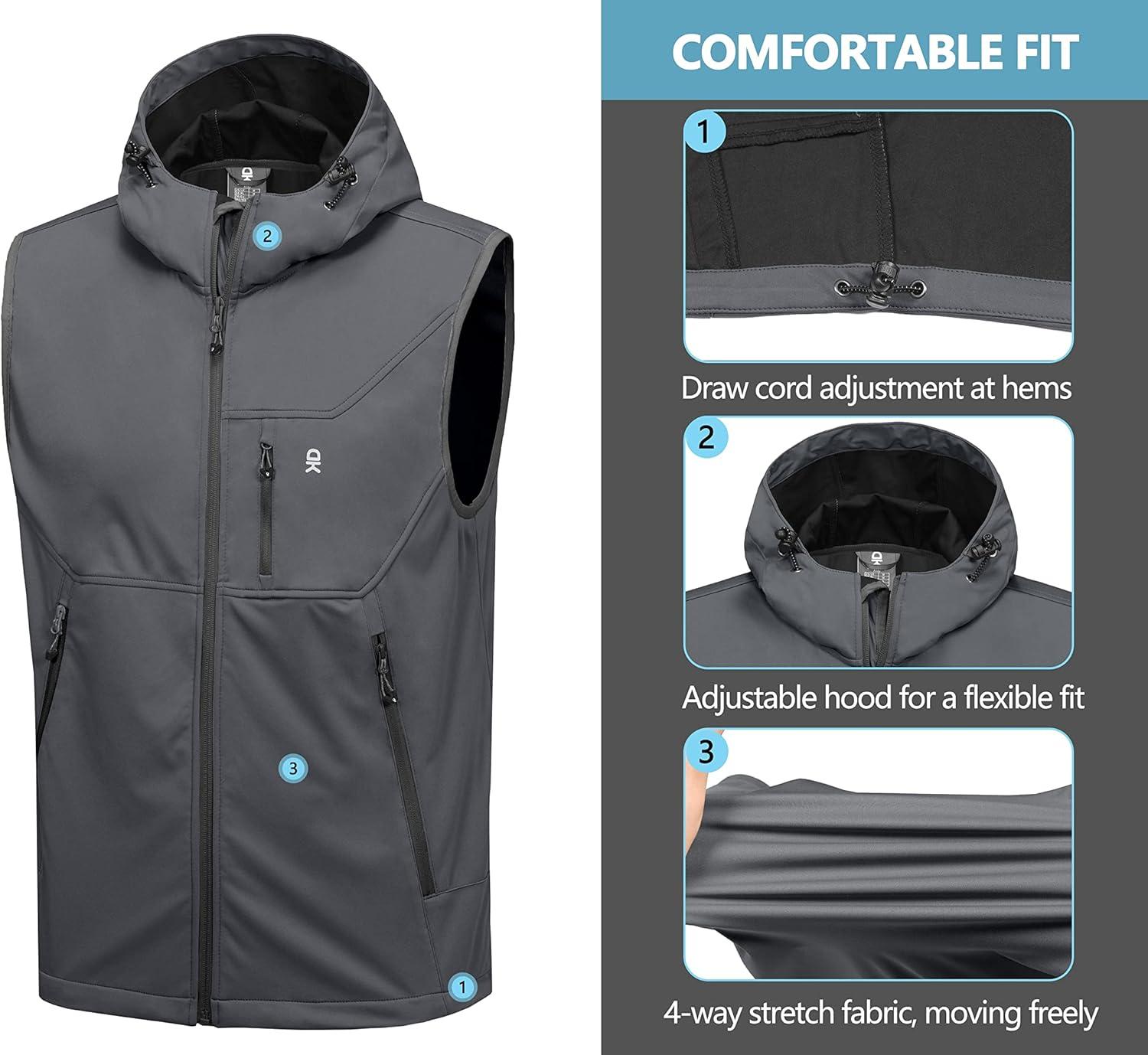 imageLittle Donkey Andy Mens Lightweight Softshell Vest Windproof Sleeveless Jacket for Travel Hiking Running GolfHooded Gray