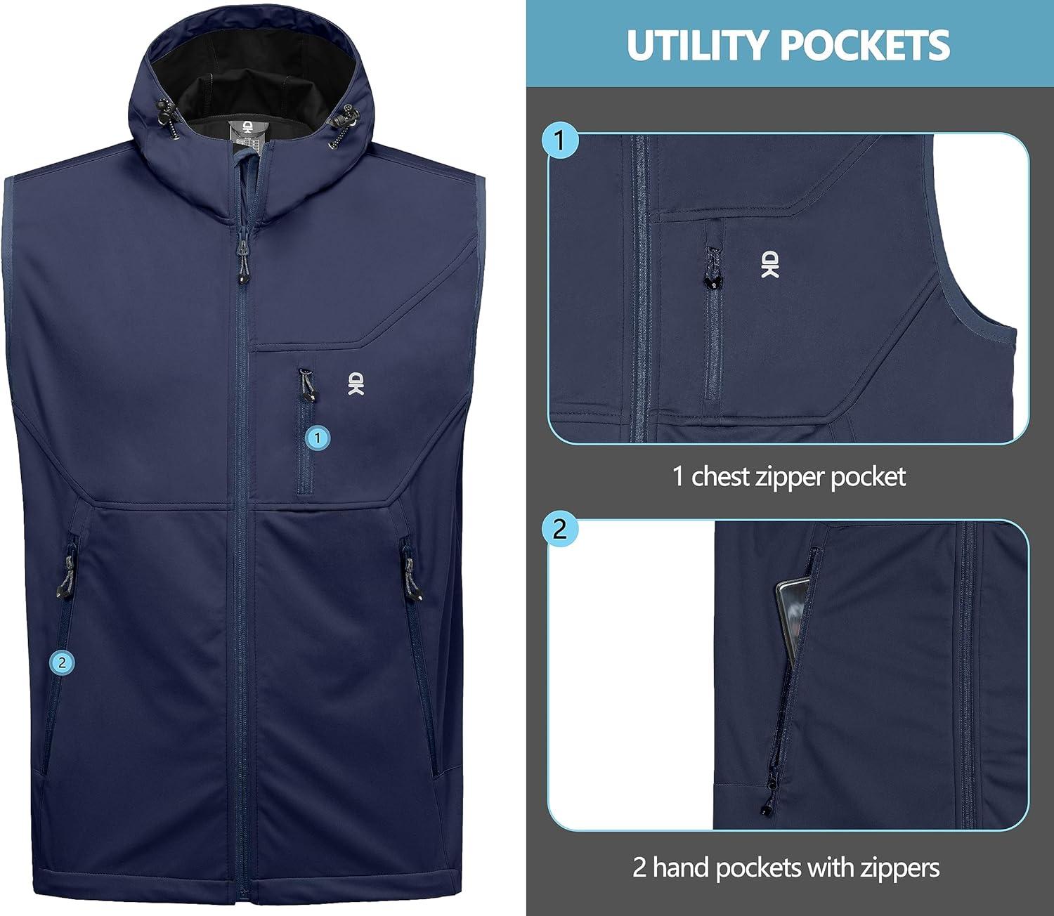 imageLittle Donkey Andy Mens Lightweight Softshell Vest Windproof Sleeveless Jacket for Travel Hiking Running GolfHooded Navy Blue