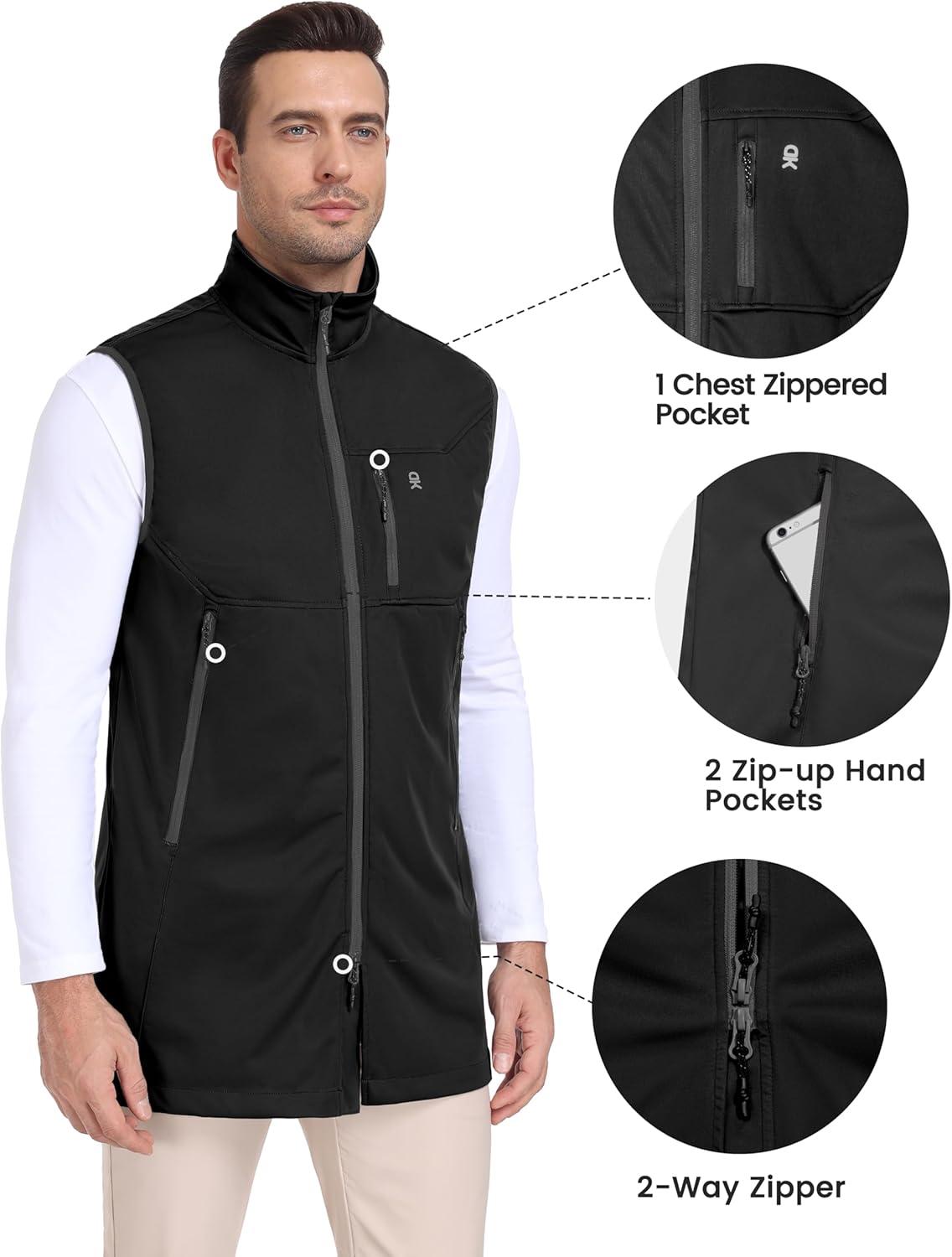 imageLittle Donkey Andy Mens Lightweight Softshell Vest Windproof Sleeveless Jacket for Travel Hiking Running GolfLong Coatblack