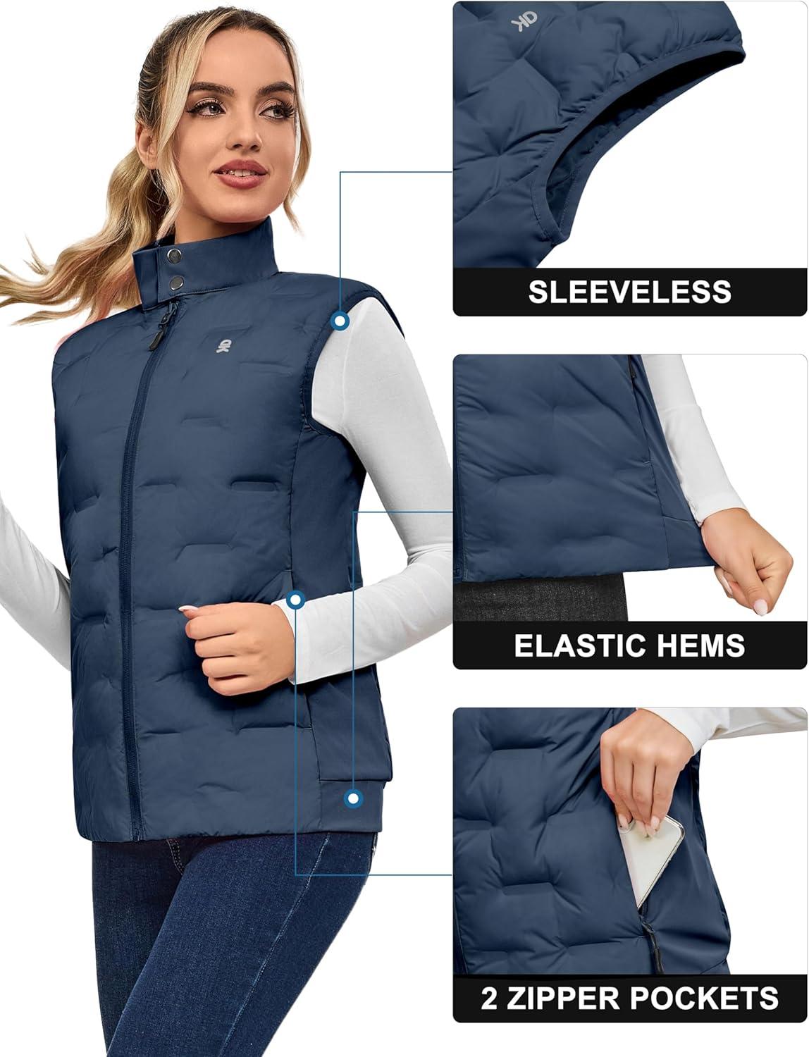imageLittle Donkey Andy Womens Lightweight Puffer Vest Stand Collar HeatSealed Windproof Sleeveless Jacket with Hidden PocketsBlue