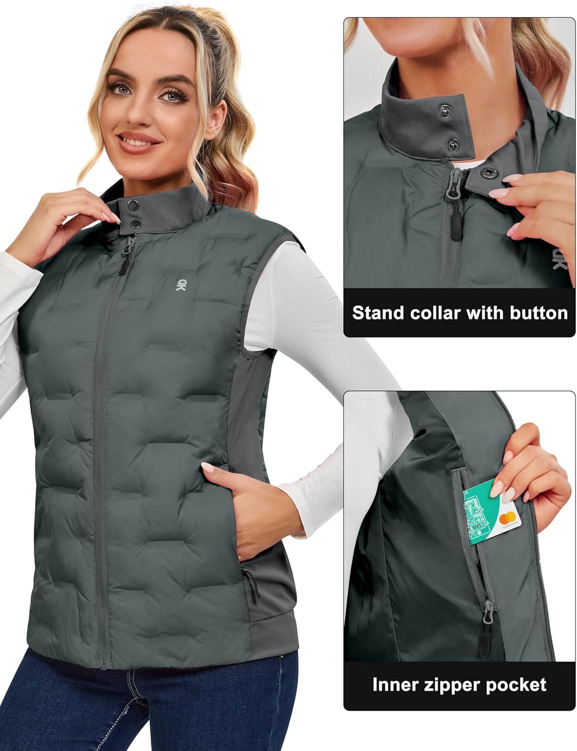 imageLittle Donkey Andy Womens Lightweight Puffer Vest Stand Collar HeatSealed Windproof Sleeveless Jacket with Hidden PocketsGrey