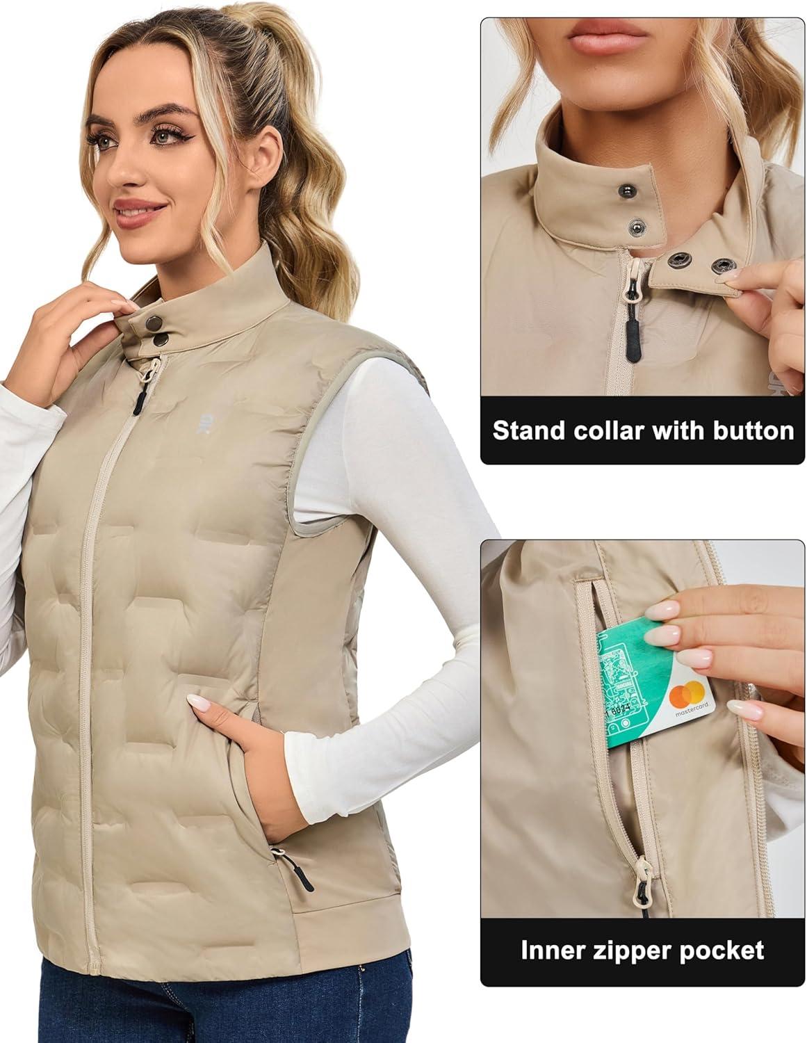 imageLittle Donkey Andy Womens Lightweight Puffer Vest Stand Collar HeatSealed Windproof Sleeveless Jacket with Hidden PocketsKhaki