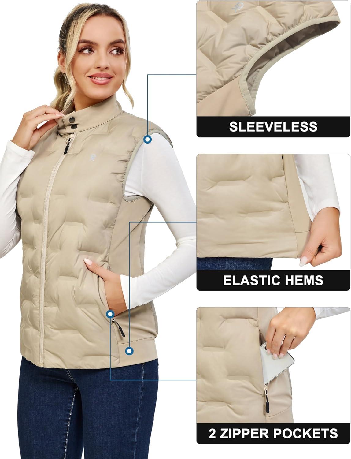 imageLittle Donkey Andy Womens Lightweight Puffer Vest Stand Collar HeatSealed Windproof Sleeveless Jacket with Hidden PocketsKhaki