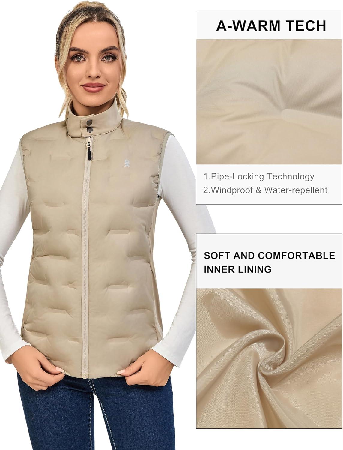 imageLittle Donkey Andy Womens Lightweight Puffer Vest Stand Collar HeatSealed Windproof Sleeveless Jacket with Hidden PocketsKhaki