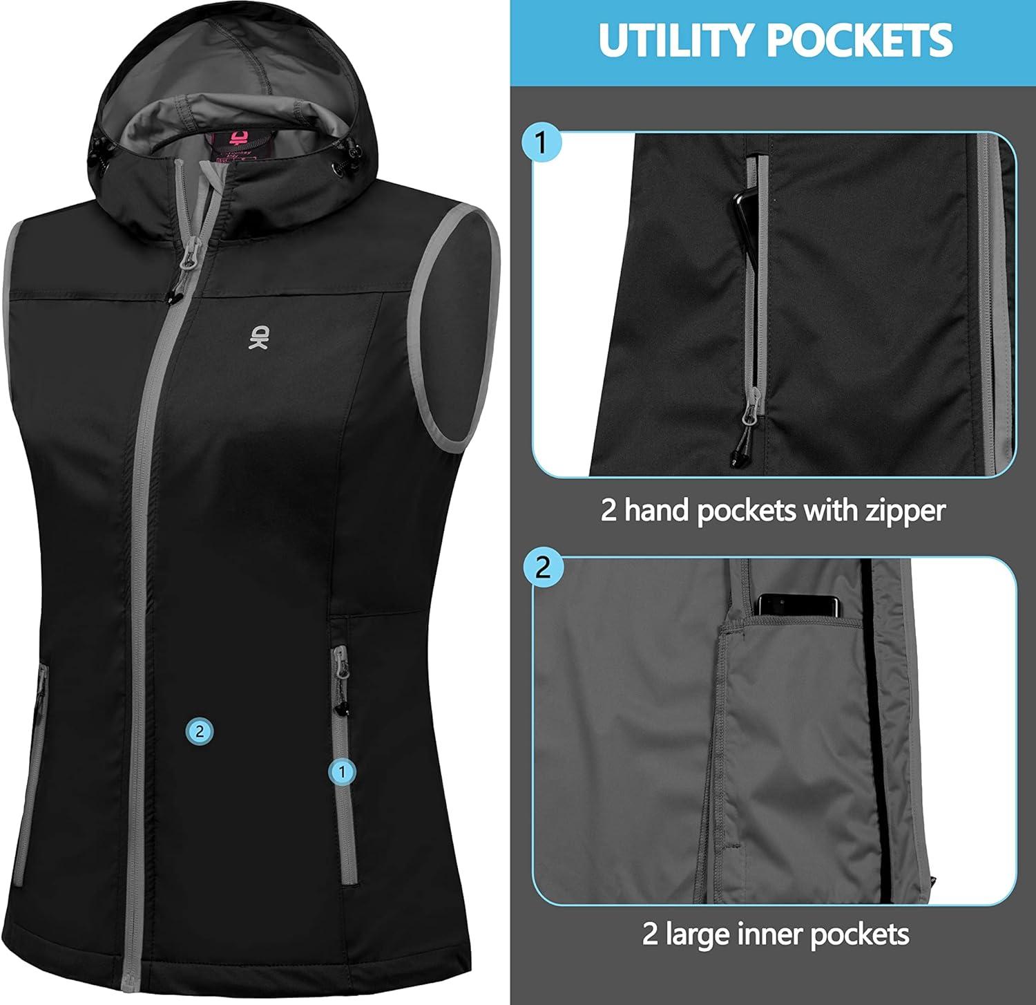 imageLittle Donkey Andy Womens Lightweight Softshell Vest Windproof Sleeveless Jacket for Running Hiking TravelBlackwith Hood