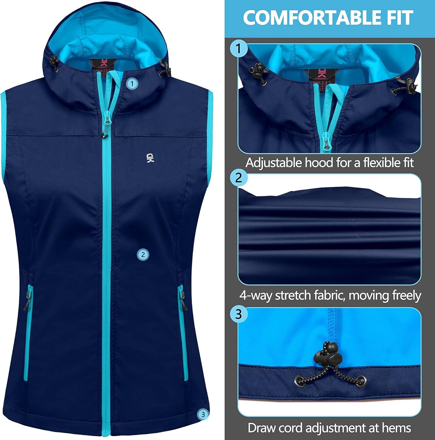 imageLittle Donkey Andy Womens Lightweight Softshell Vest Windproof Sleeveless Jacket for Running Hiking TravelBlue With Hood