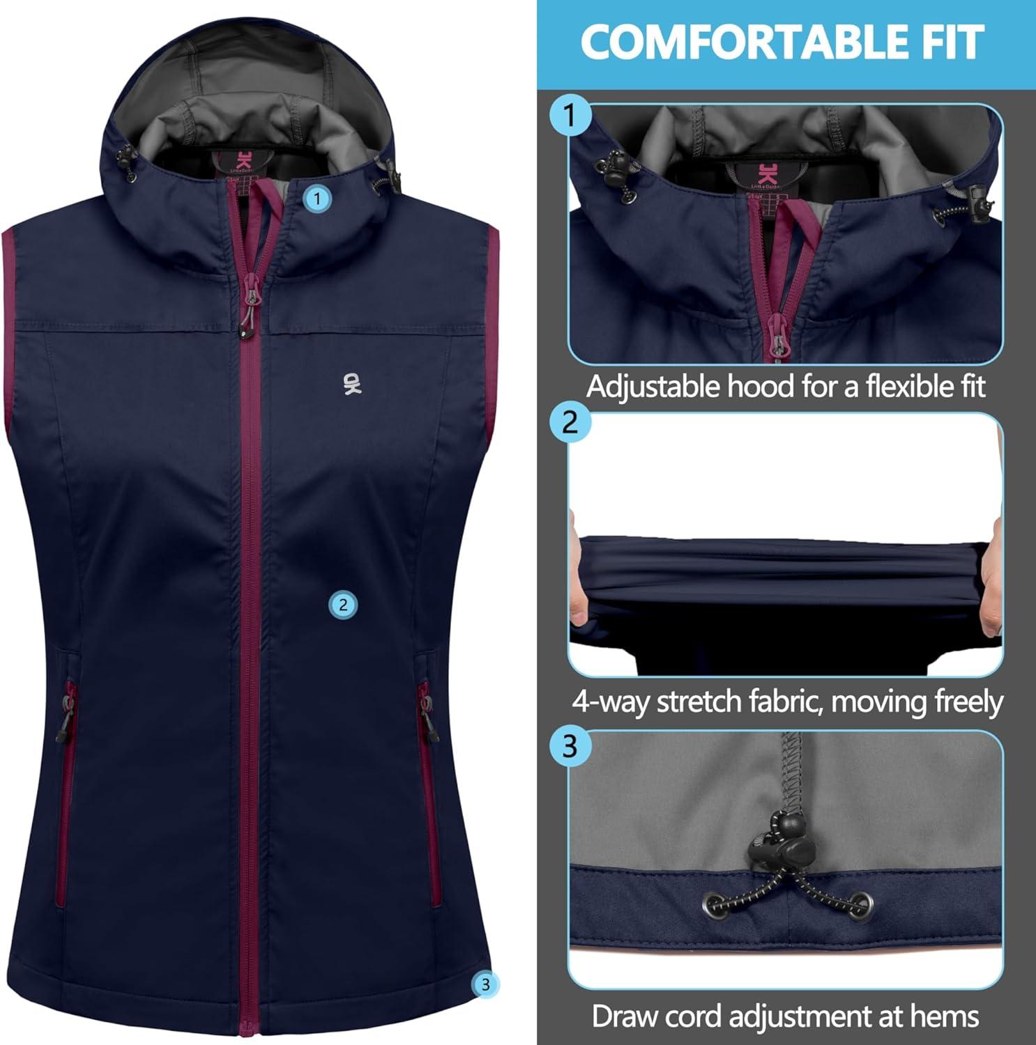 imageLittle Donkey Andy Womens Lightweight Softshell Vest Windproof Sleeveless Jacket for Running Hiking TravelNavy Blue With Hood