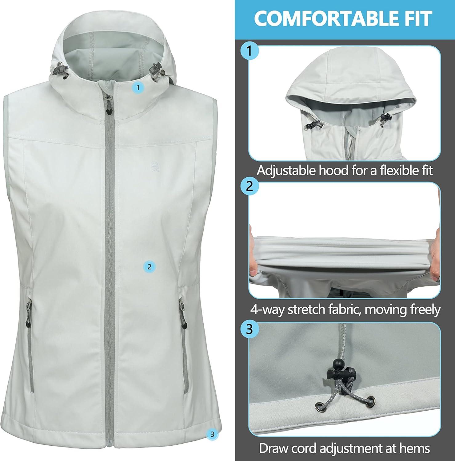imageLittle Donkey Andy Womens Lightweight Softshell Vest Windproof Sleeveless Jacket for Running Hiking TravelWhite With Hood