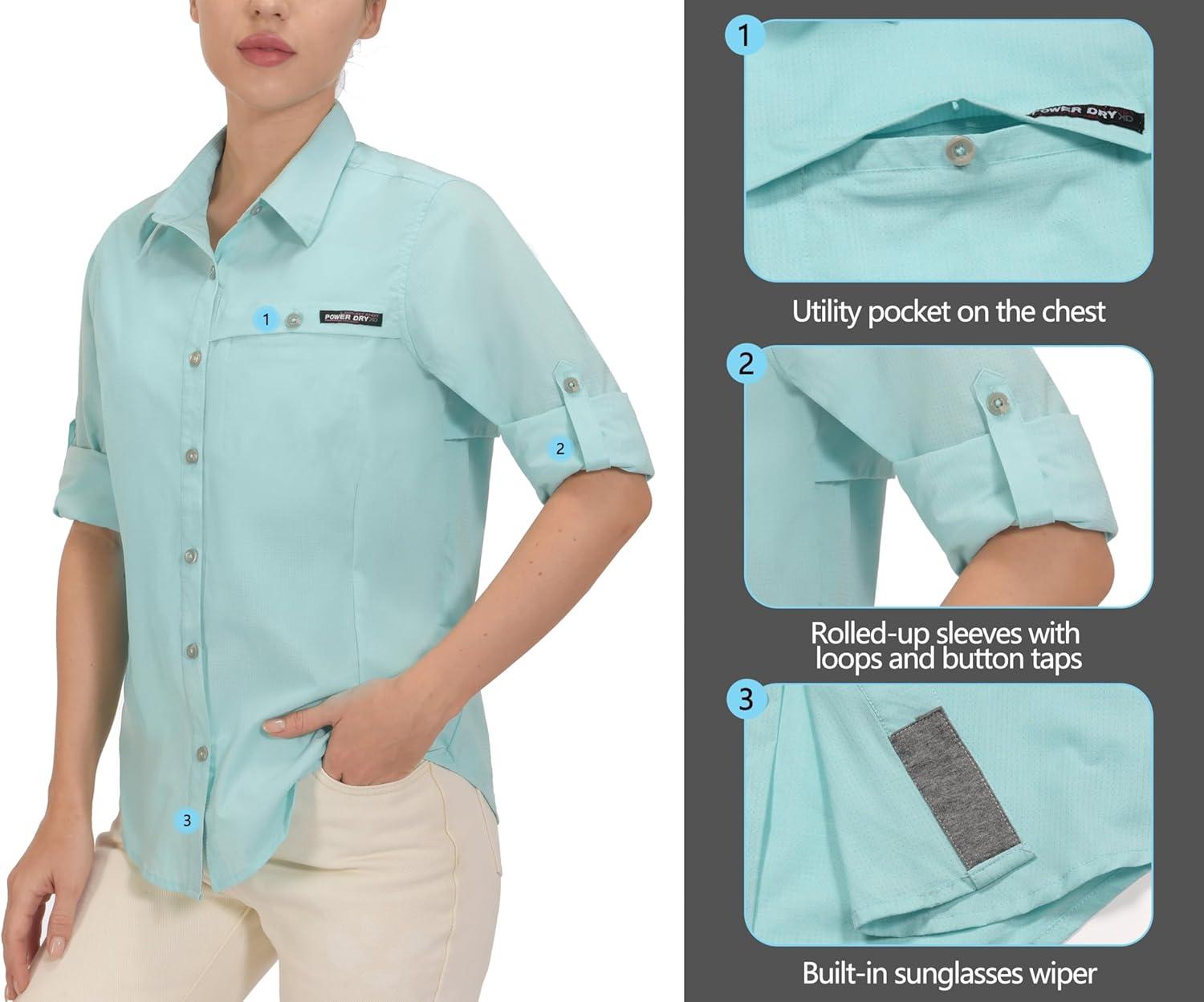 imageLittle Donkey Andy Womens UV Protection Shirt UPF 50 Breathable Long Sleeve Fishing Shirt AirHoles TechLight Blue Heather