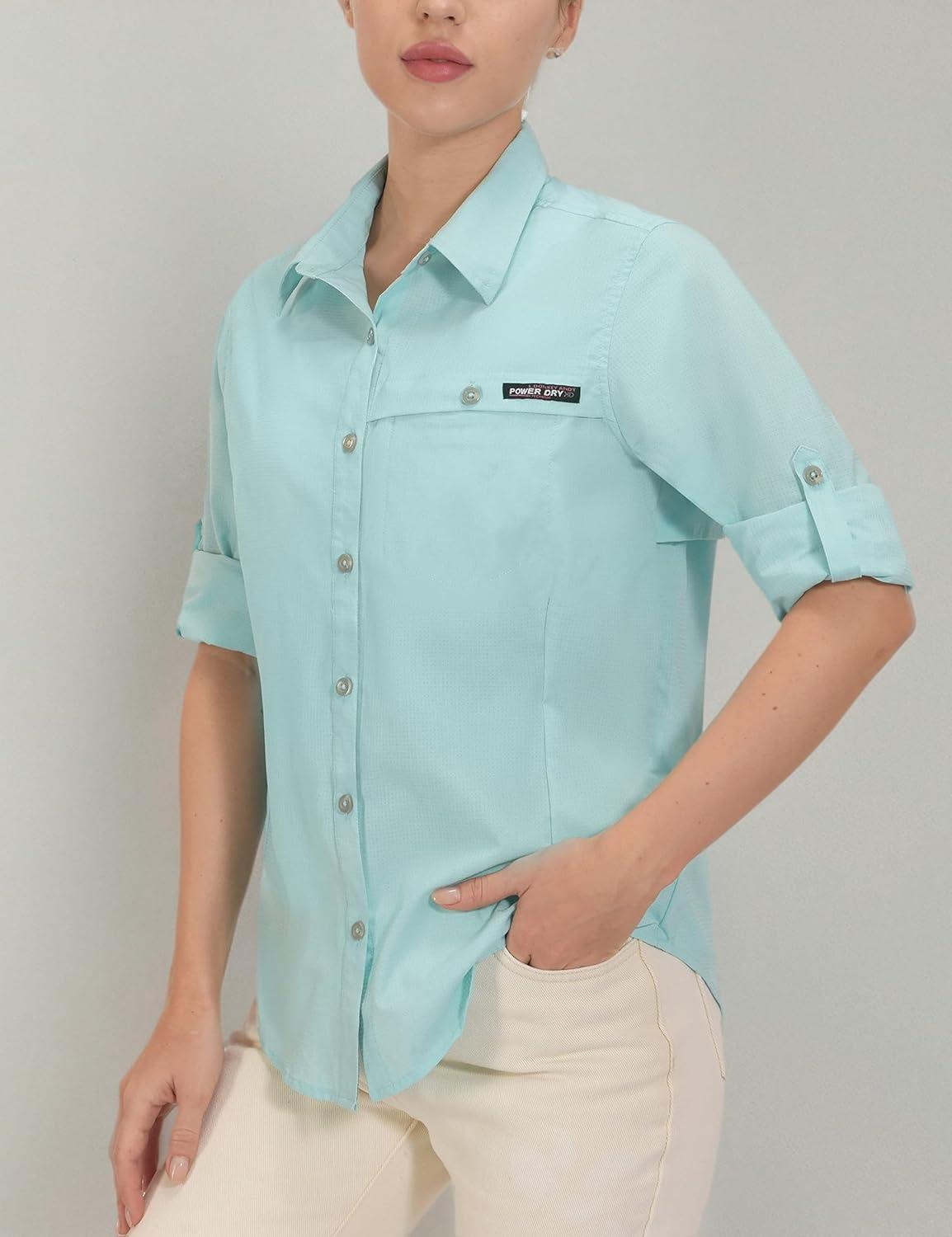 imageLittle Donkey Andy Womens UV Protection Shirt UPF 50 Breathable Long Sleeve Fishing Shirt AirHoles TechLight Blue Heather