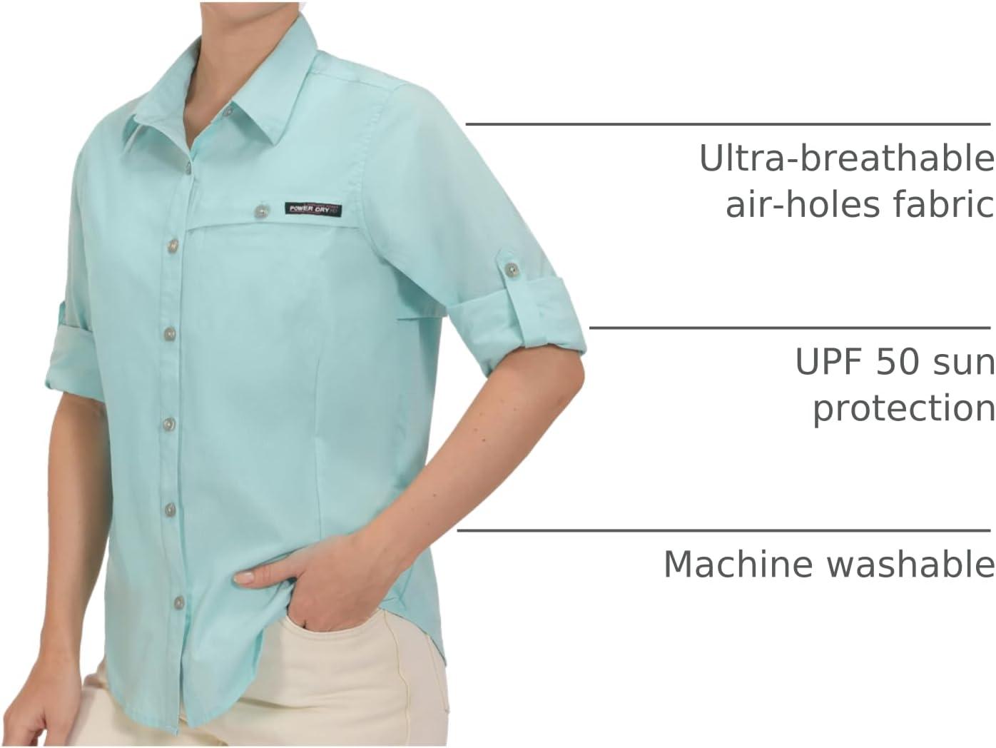 imageLittle Donkey Andy Womens UV Protection Shirt UPF 50 Breathable Long Sleeve Fishing Shirt AirHoles TechLight Blue Heather