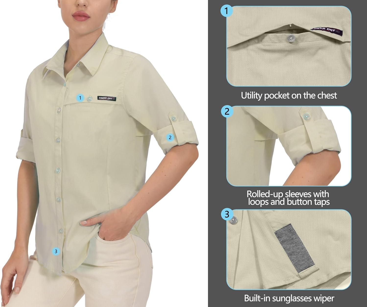 imageLittle Donkey Andy Womens UV Protection Shirt UPF 50 Breathable Long Sleeve Fishing Shirt AirHoles TechLight Khaki Heather