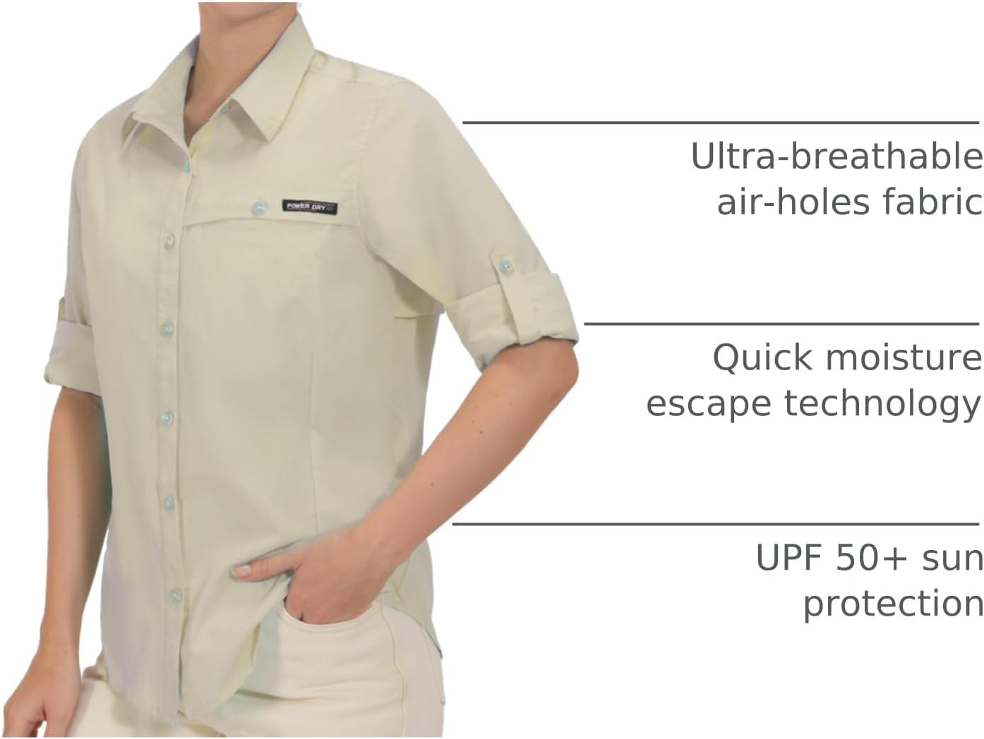 imageLittle Donkey Andy Womens UV Protection Shirt UPF 50 Breathable Long Sleeve Fishing Shirt AirHoles TechLight Khaki Heather