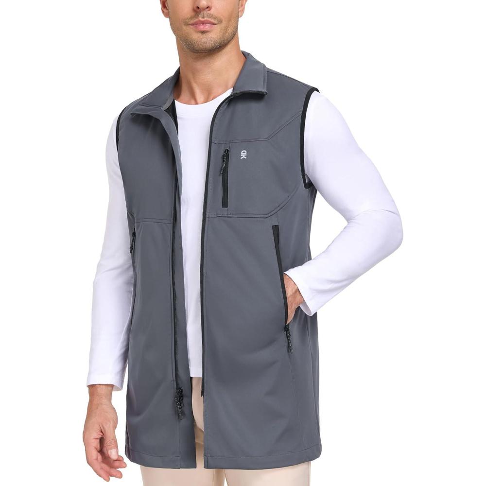 imageLittle Donkey Andy Mens Lightweight Softshell Vest Windproof Sleeveless Jacket for Travel Hiking Running GolfLong Coatdark Grey