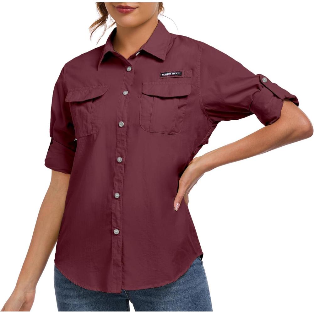 imageLittle Donkey Andy Womens UPF 50 UV Protection Shirt Long Sleeve Fishing Shirt Breathable and Fast DryBdark Red