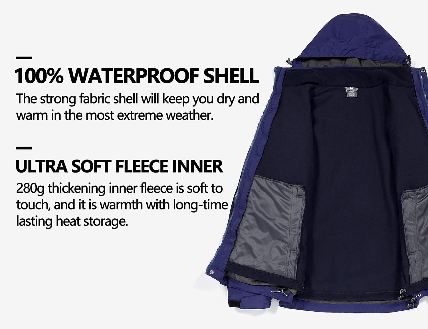 imageLittle Donkey Andy Mens 3 in 1 Winter Ski Jacket Warm Fleece Liner Jacket Waterproof Windproof Snow Coat ampamp Detachable HoodNavyBlack