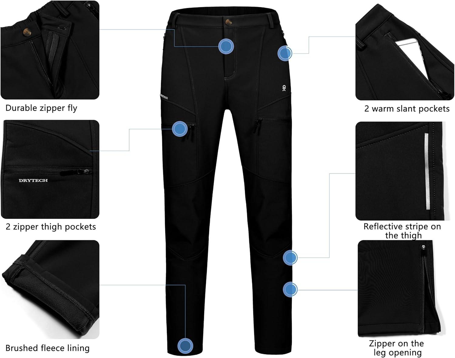 imageLittle Donkey Andy Mens Fleece Lined Hiking Ski Snow Pants Winter Windproof Softshell Pants Warm and Water RepellentBlack