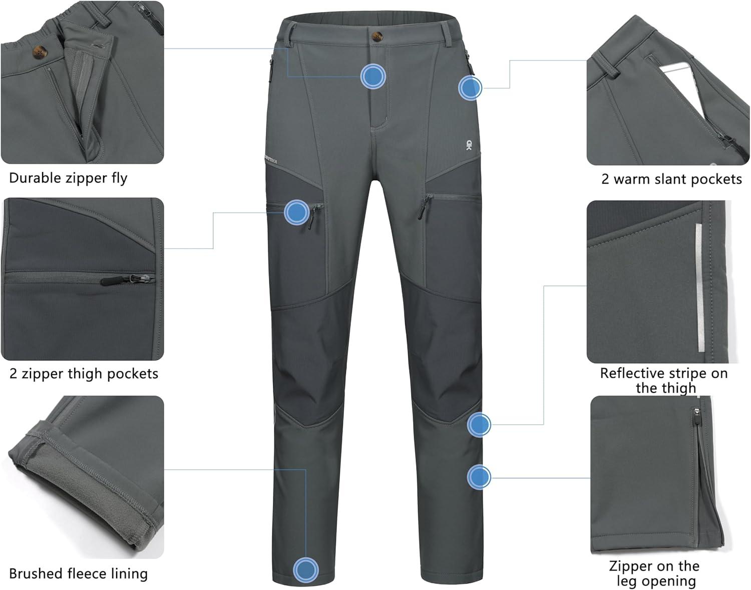 imageLittle Donkey Andy Mens Fleece Lined Hiking Ski Snow Pants Winter Windproof Softshell Pants Warm and Water RepellentDark Gray