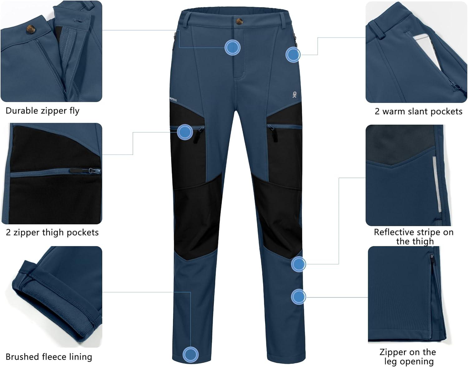 imageLittle Donkey Andy Mens Fleece Lined Hiking Ski Snow Pants Winter Windproof Softshell Pants Warm and Water RepellentDeep Blue
