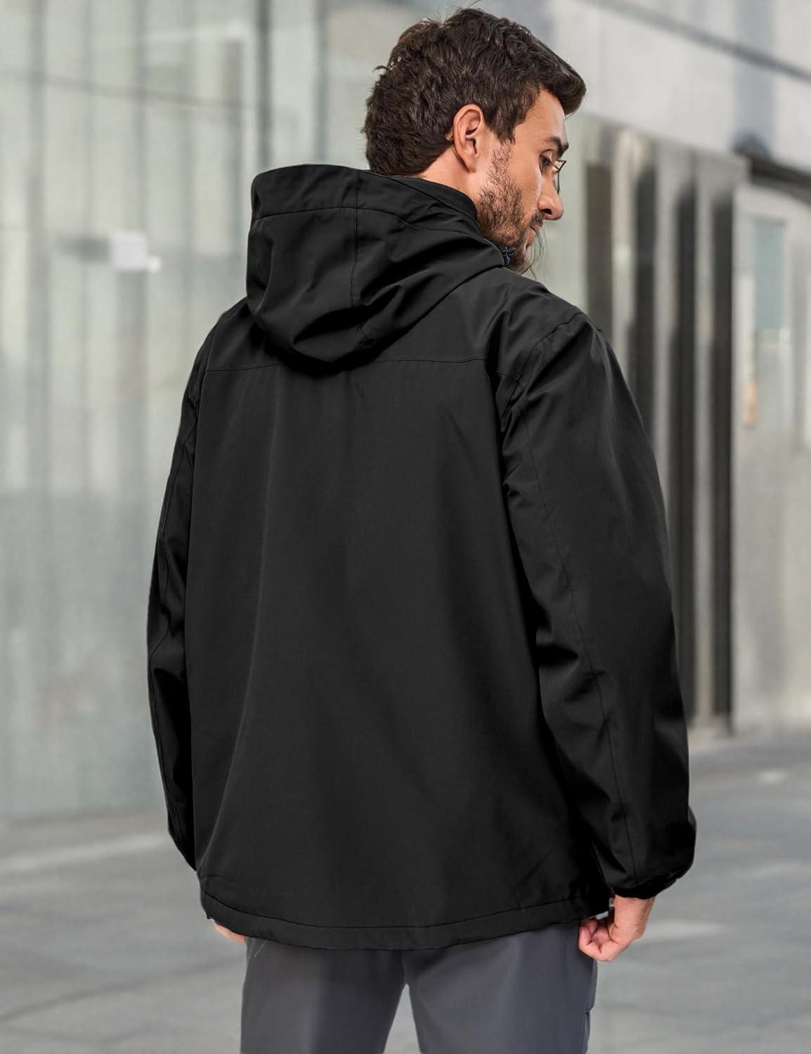 imageLittle Donkey Andy Mens Lightweight Jacket Fleece Lined Detachable Hooded Waterproof Jackets Winter Hiking WindbreakerBlack