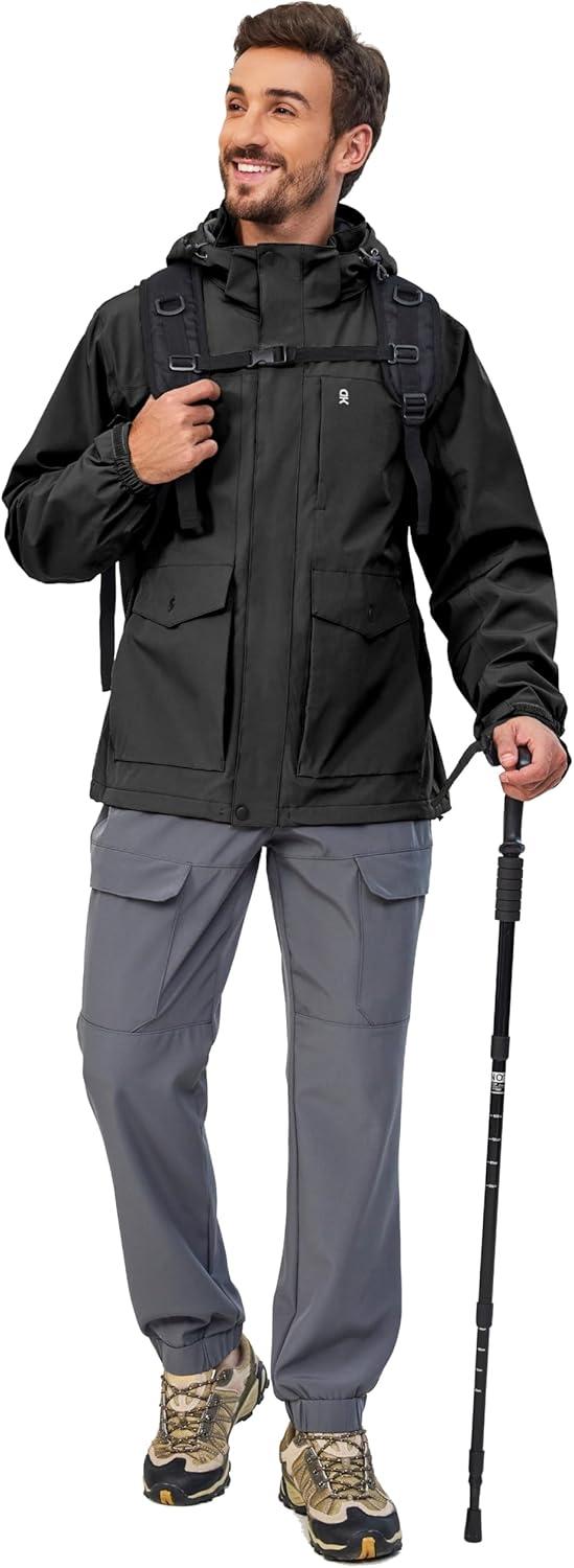 imageLittle Donkey Andy Mens Lightweight Jacket Fleece Lined Detachable Hooded Waterproof Jackets Winter Hiking WindbreakerBlack