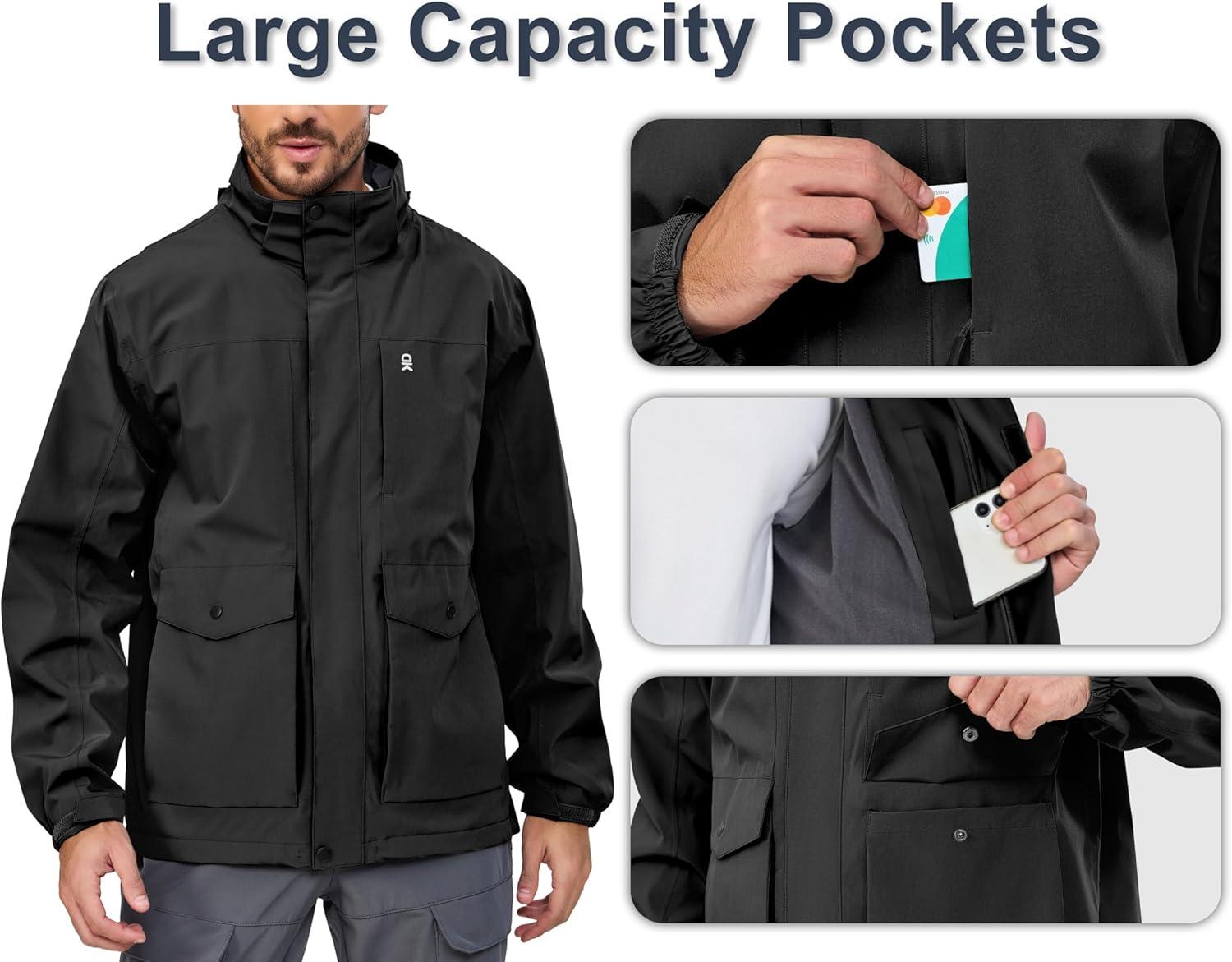 imageLittle Donkey Andy Mens Lightweight Jacket Fleece Lined Detachable Hooded Waterproof Jackets Winter Hiking WindbreakerBlack