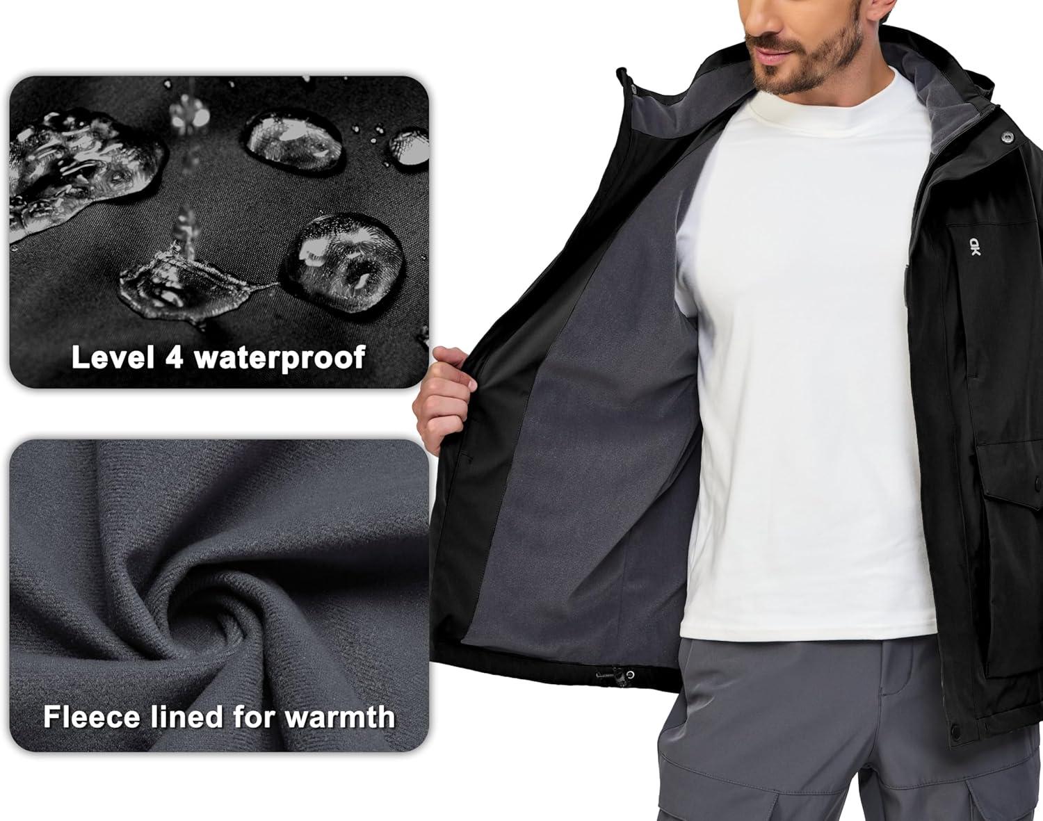 imageLittle Donkey Andy Mens Lightweight Jacket Fleece Lined Detachable Hooded Waterproof Jackets Winter Hiking WindbreakerBlack