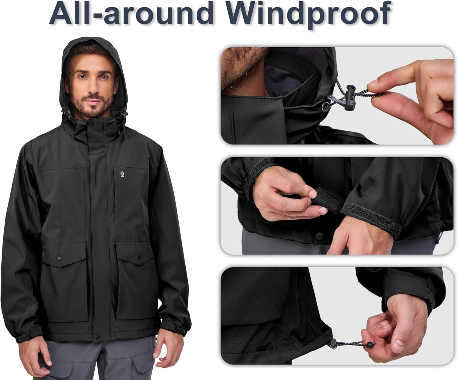 imageLittle Donkey Andy Mens Lightweight Jacket Fleece Lined Detachable Hooded Waterproof Jackets Winter Hiking WindbreakerBlack