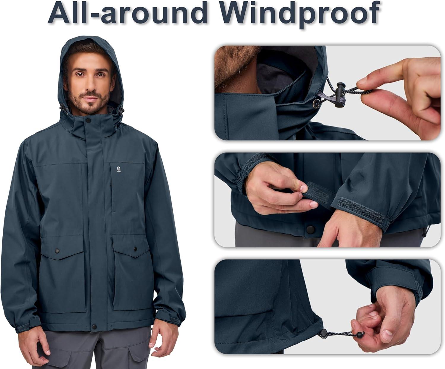 imageLittle Donkey Andy Mens Lightweight Jacket Fleece Lined Detachable Hooded Waterproof Jackets Winter Hiking WindbreakerBlue