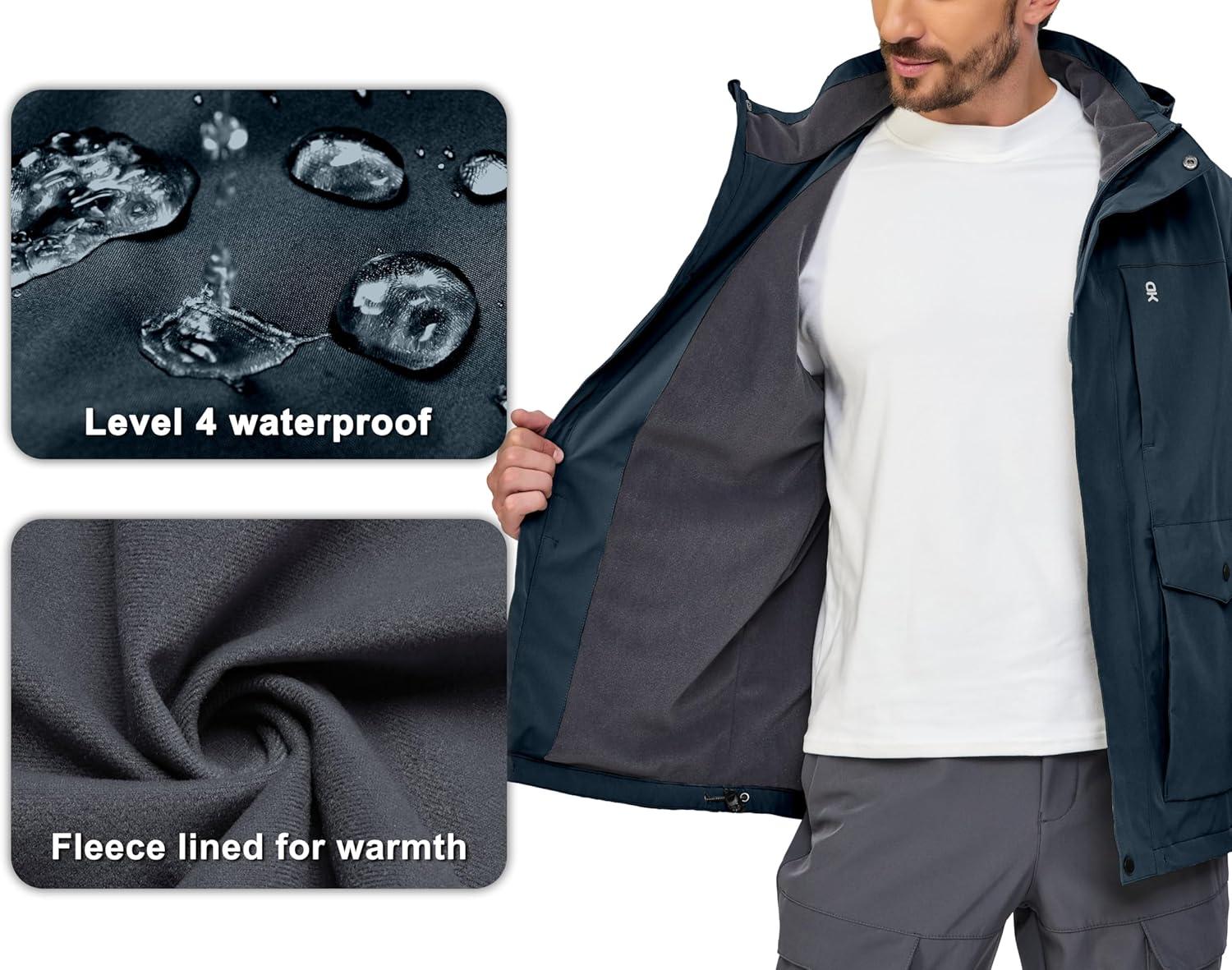 imageLittle Donkey Andy Mens Lightweight Jacket Fleece Lined Detachable Hooded Waterproof Jackets Winter Hiking WindbreakerBlue