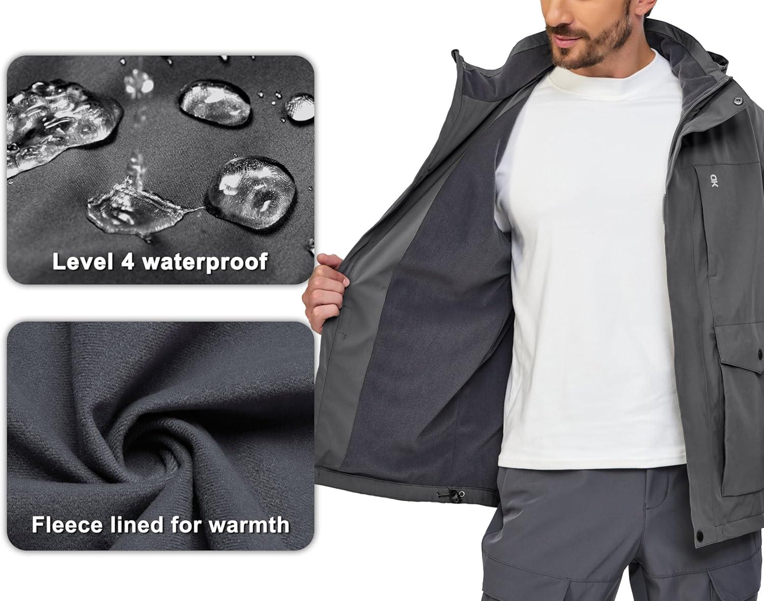 imageLittle Donkey Andy Mens Lightweight Jacket Fleece Lined Detachable Hooded Waterproof Jackets Winter Hiking WindbreakerGrey