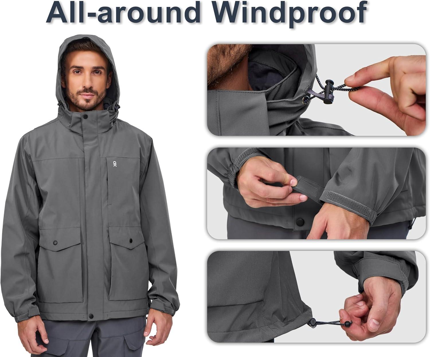 imageLittle Donkey Andy Mens Lightweight Jacket Fleece Lined Detachable Hooded Waterproof Jackets Winter Hiking WindbreakerGrey