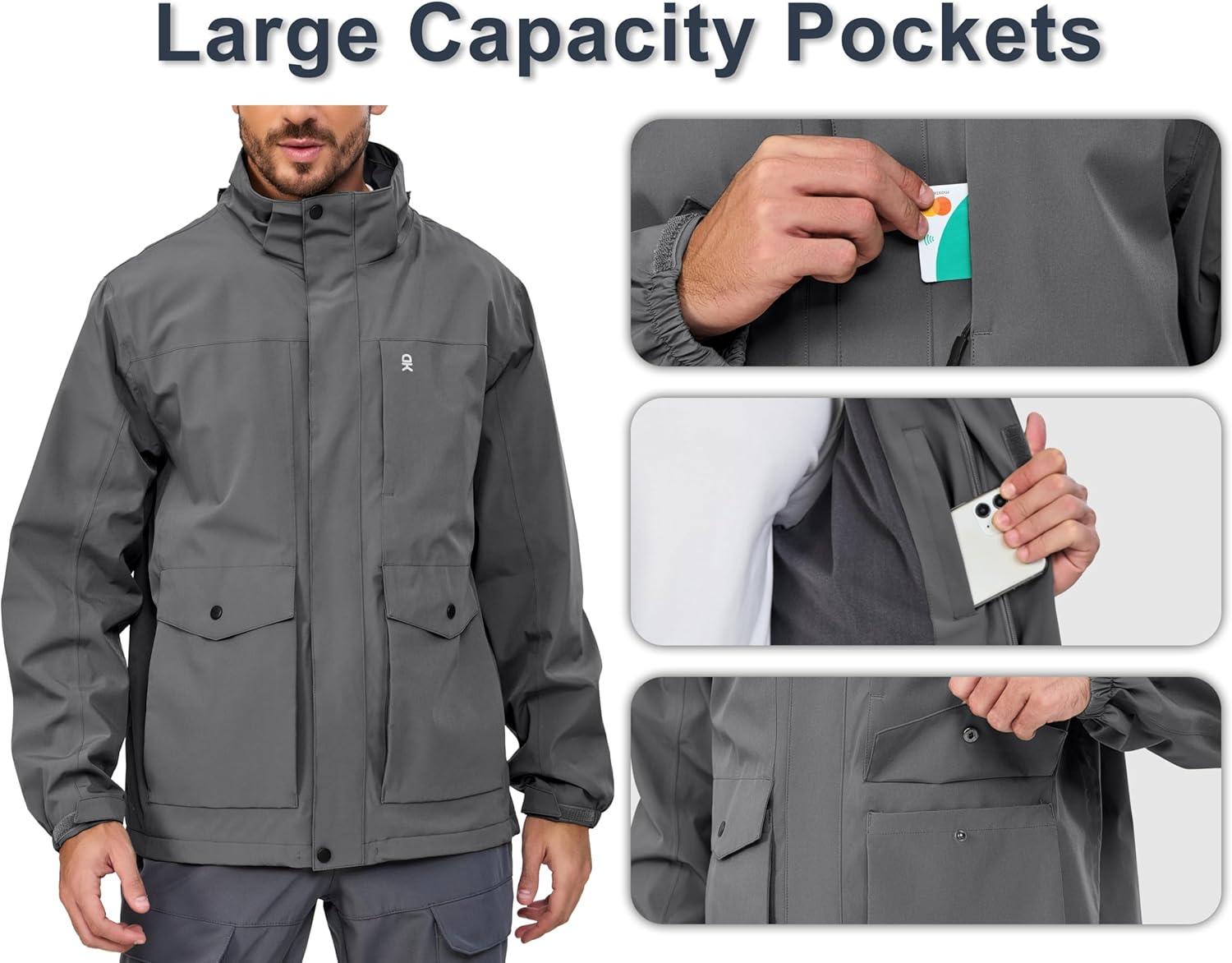 imageLittle Donkey Andy Mens Lightweight Jacket Fleece Lined Detachable Hooded Waterproof Jackets Winter Hiking WindbreakerGrey