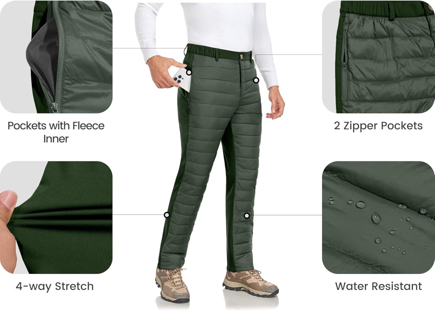 imageLittle Donkey Andy Mens Puffer Pants Warm Fleece Lined Quilted Insulation Snow Ski PantsDark Greenfleece Lined