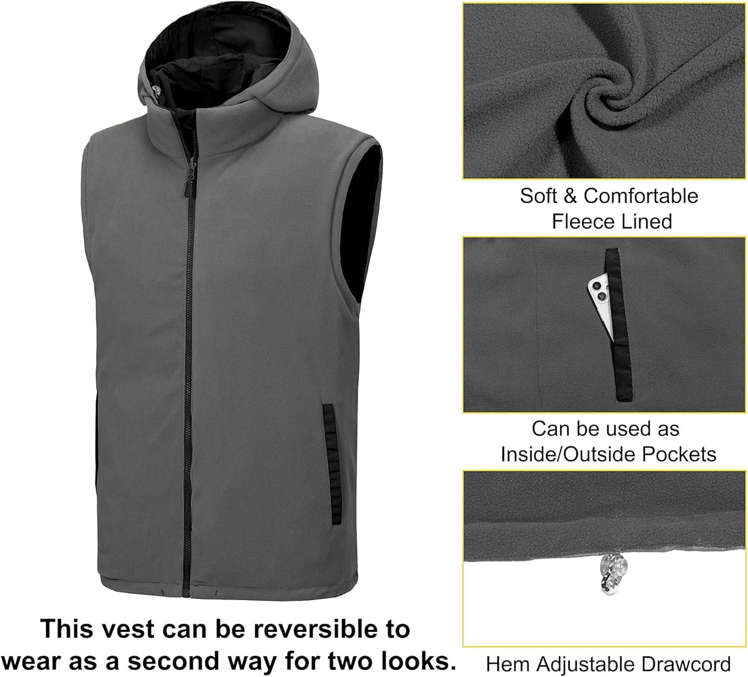 imageLittle Donkey Andy Mens Reversible Fleece Puffy Vest Warm Sleeveless Puffer Jacket with Removable Hood for Golfing HikingBlack
