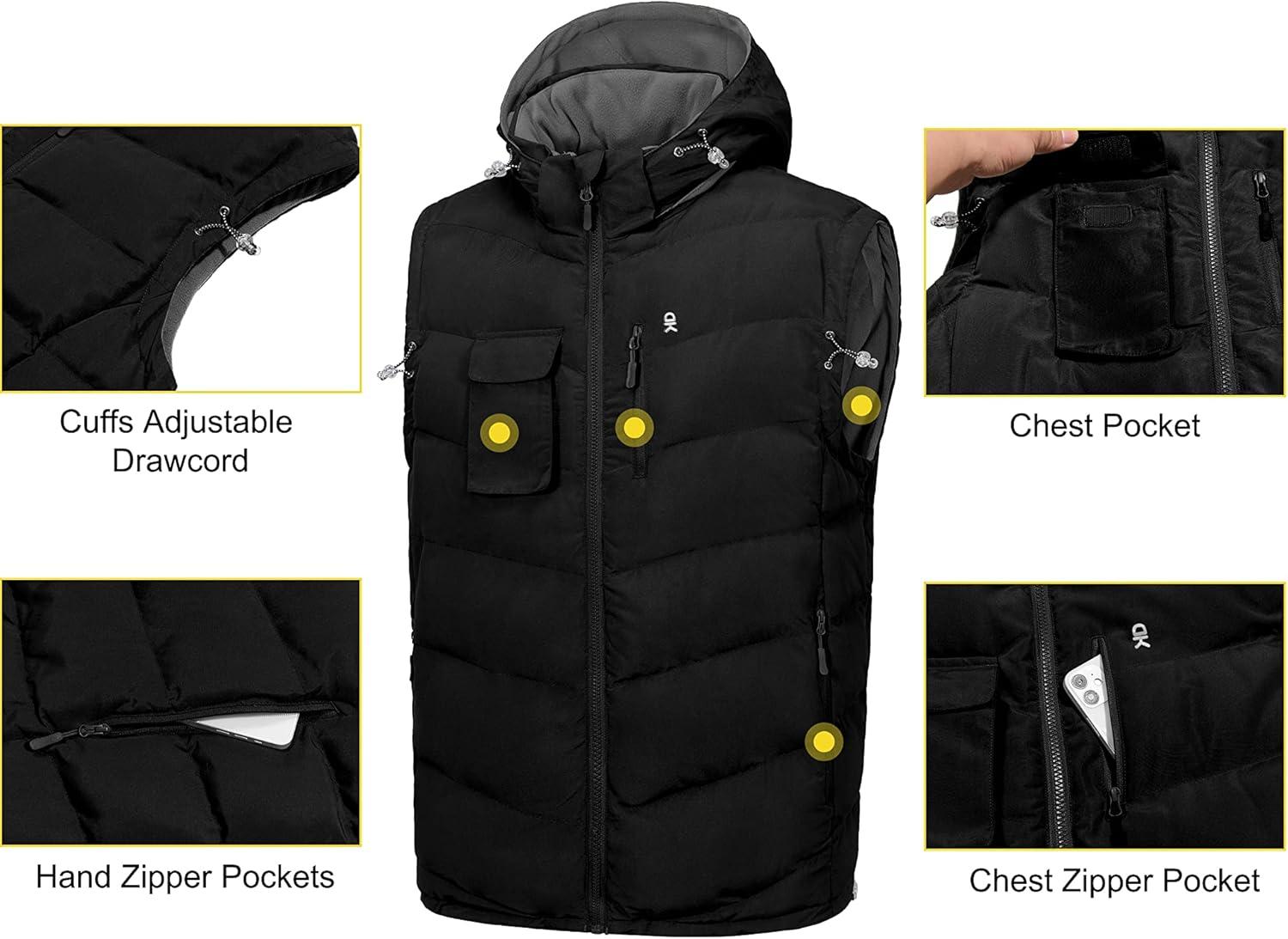 imageLittle Donkey Andy Mens Reversible Fleece Puffy Vest Warm Sleeveless Puffer Jacket with Removable Hood for Golfing HikingBlack