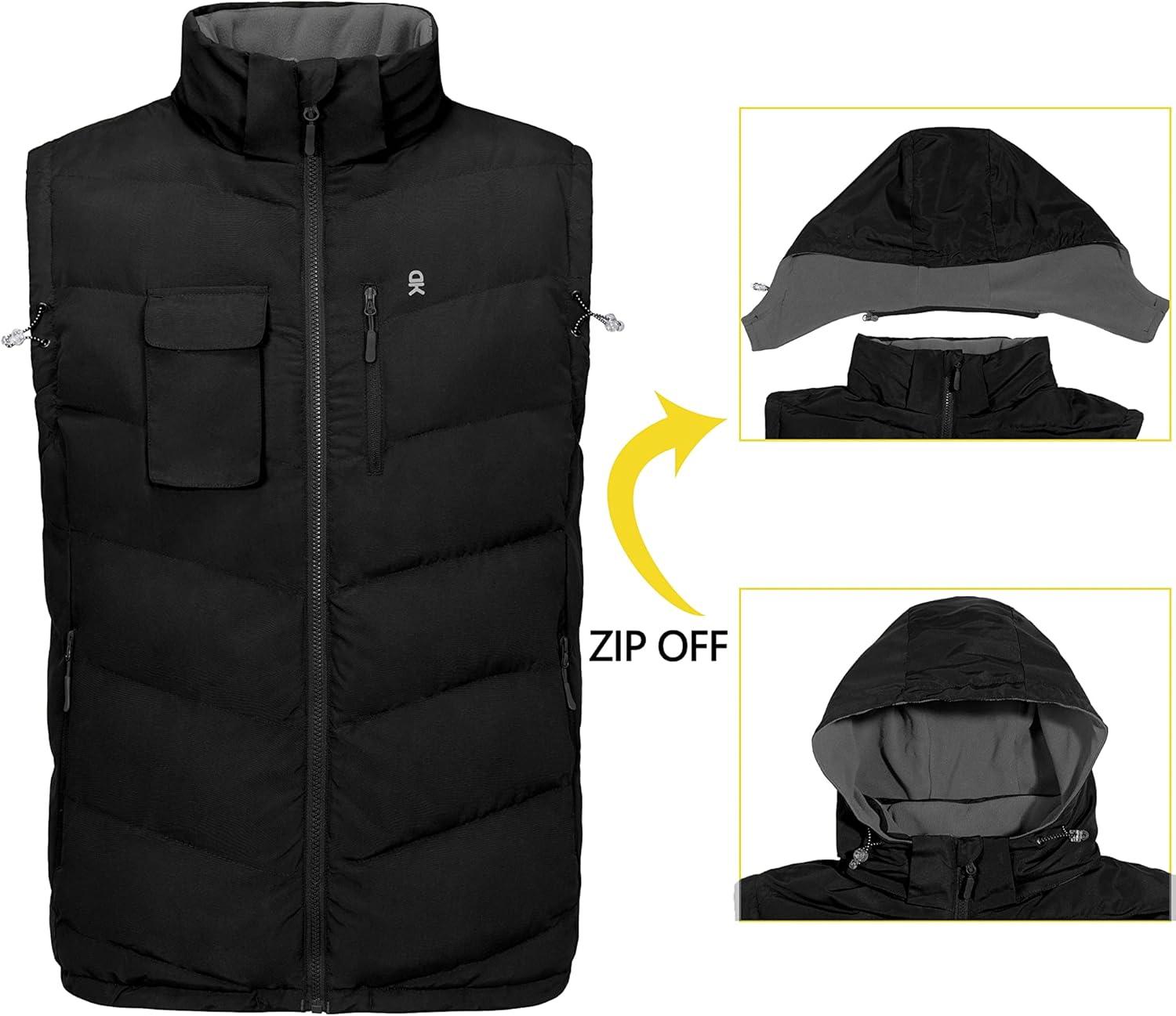 imageLittle Donkey Andy Mens Reversible Fleece Puffy Vest Warm Sleeveless Puffer Jacket with Removable Hood for Golfing HikingBlack