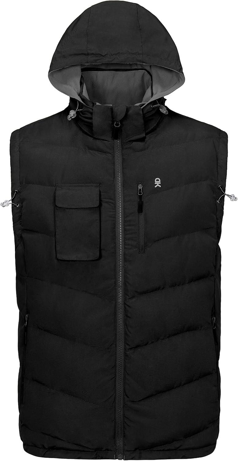 imageLittle Donkey Andy Mens Reversible Fleece Puffy Vest Warm Sleeveless Puffer Jacket with Removable Hood for Golfing HikingBlack