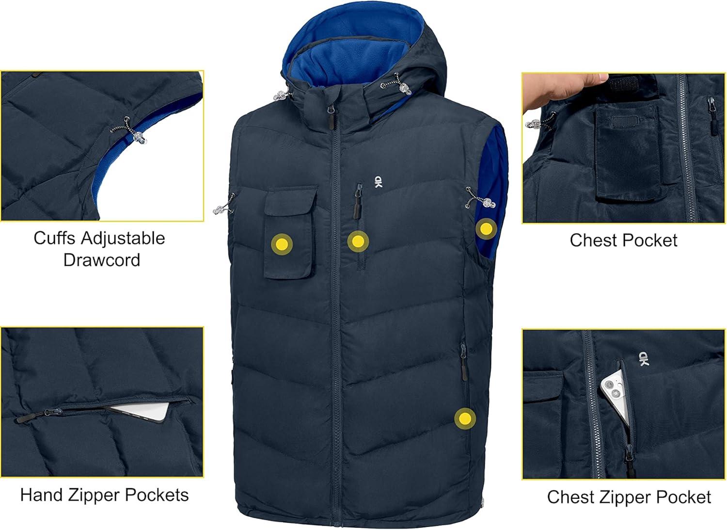 imageLittle Donkey Andy Mens Reversible Fleece Puffy Vest Warm Sleeveless Puffer Jacket with Removable Hood for Golfing HikingBlue