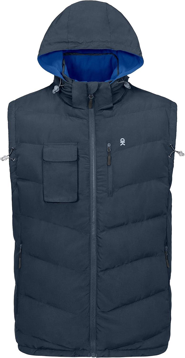 imageLittle Donkey Andy Mens Reversible Fleece Puffy Vest Warm Sleeveless Puffer Jacket with Removable Hood for Golfing HikingBlue
